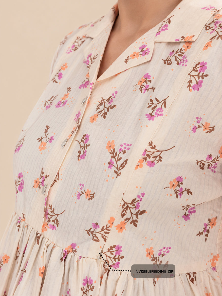 Ziva Premium Cotton Seersucker Maternity & Feeding Dress with Notched Collar, Concealed Zips & Side Pocket | Natural Ivory Multicolour Botanical Floral