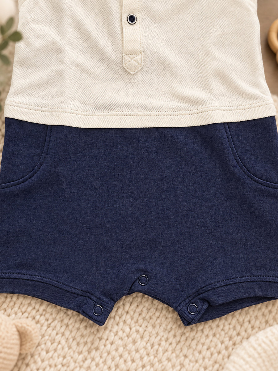 Baby Boy Knitted Cotton Polo Style Jumpsuit – Off-White & Navy Blue | Ziva Collected | Carefully Selected for Your Little One