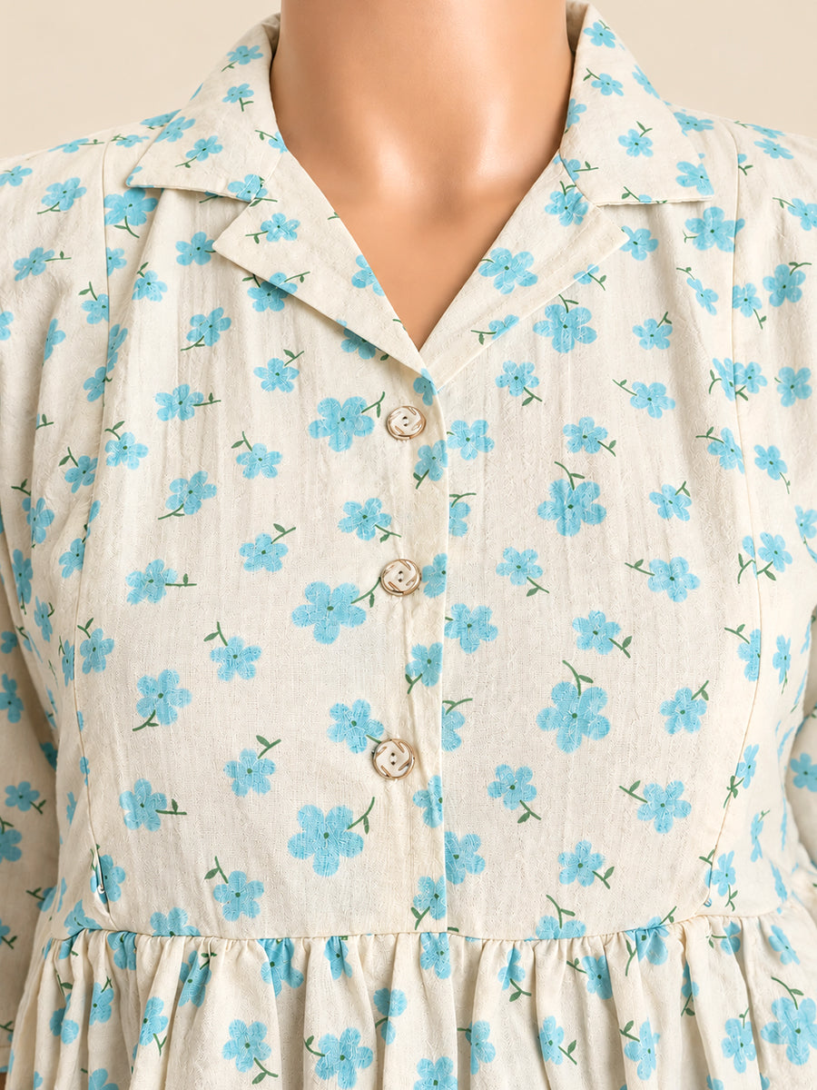 Ziva Premium Cotton Seersucker Maternity & Feeding Dress with Notched Collar, Concealed Zips & Side Pocket | Soft Cream Aqua Blue Floral