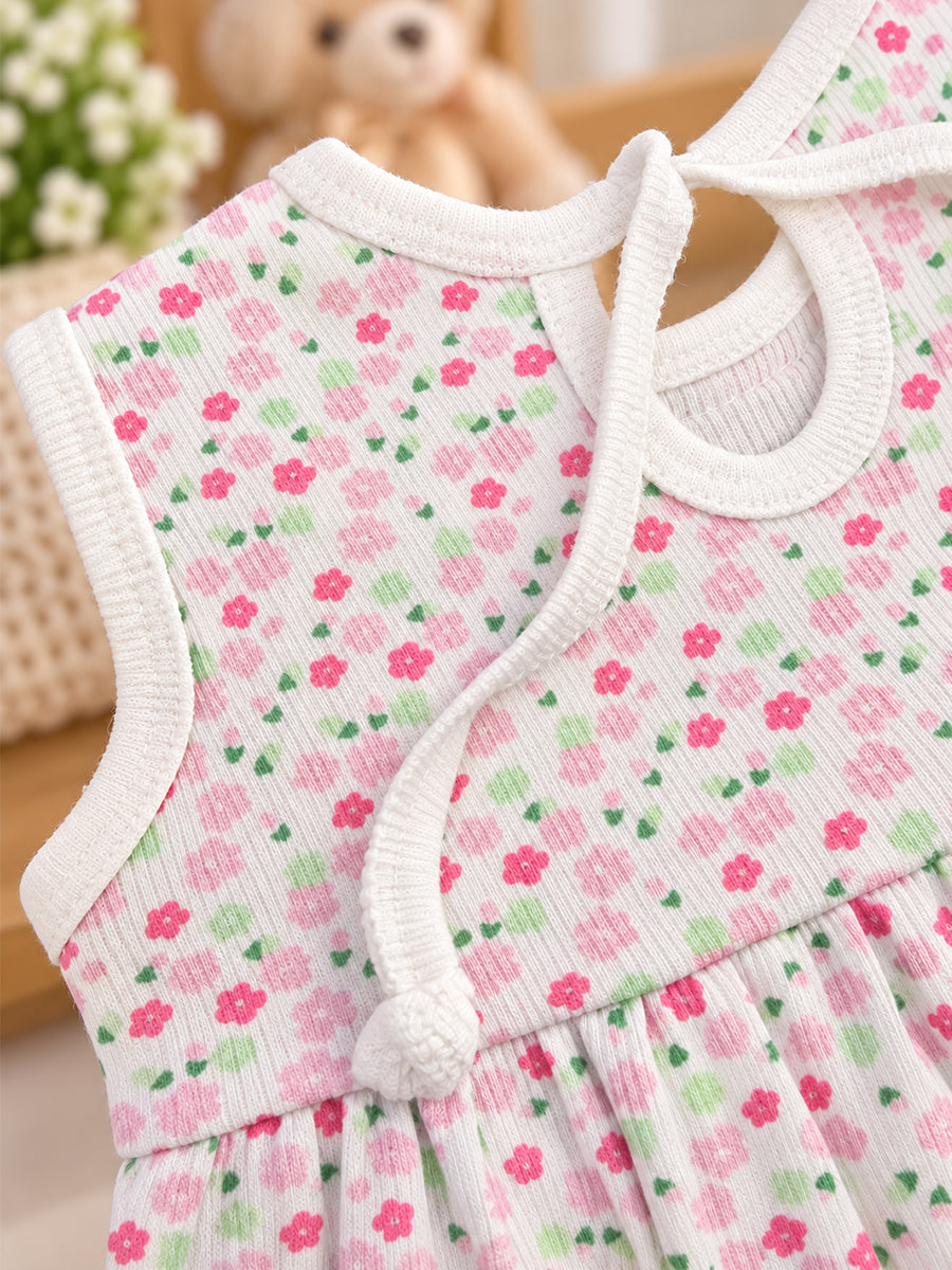 Ziva Baby Girl Frock with Pantie – Soft Ivory Pink Floral Print | Premium Knitted Cotton | Crochet Lace Neckline & Back Knot Tie | 2-Piece Set