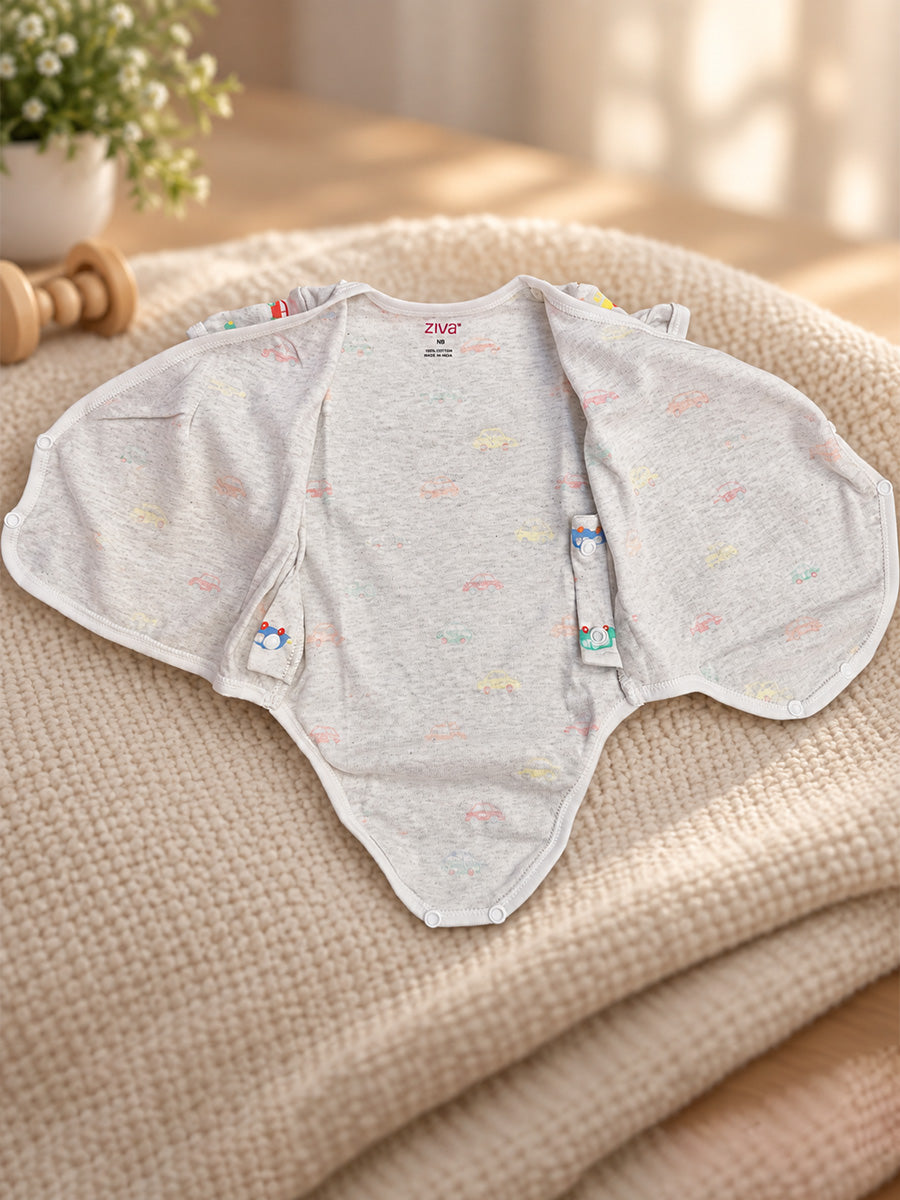 Ziva Baby Premium Knitted Cotton Overlap Romper – Pack of 3 | Grey Multicolour Car, Baby Blue Tiny Star & White Teddy Bear Assorted Prints | Newborn