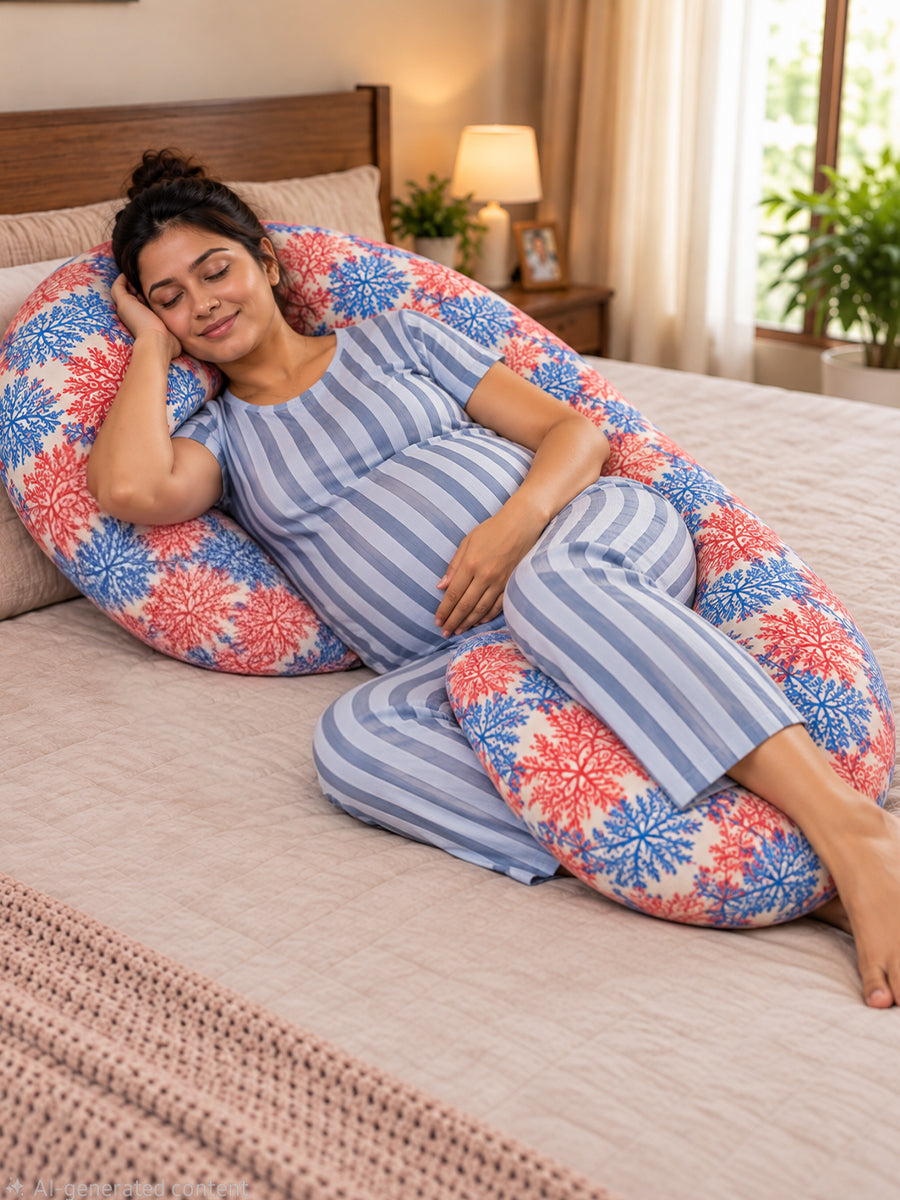 Ziva Multipurpose Pregnancy Pillow / Maternity Pillow / Body Pillow – 9 Shape (C Shape) – Red & Blue Botanical Print | 100% Cotton