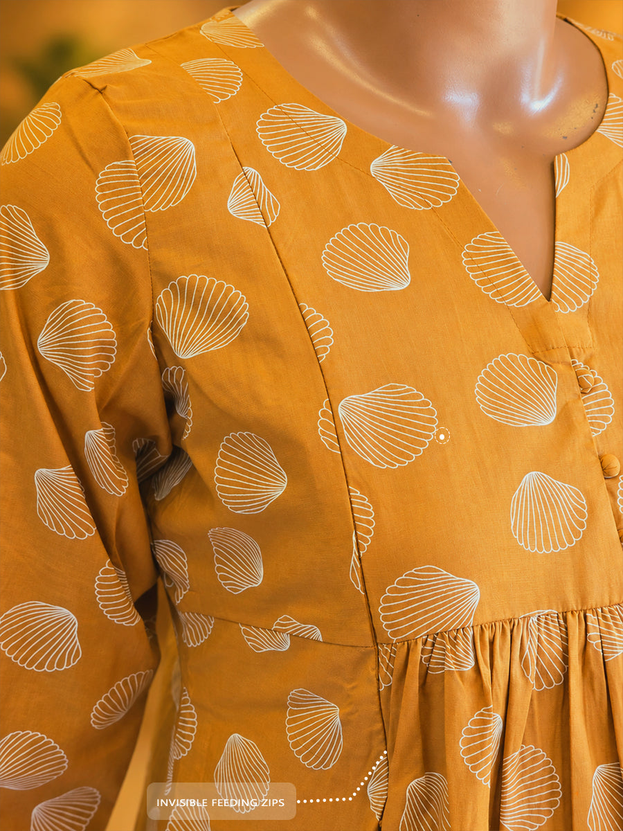Ziva Maternity & Feeding Cotton Co-ord Set with Side Zips & Pockets – Warm Orange Yellow Seashell Print