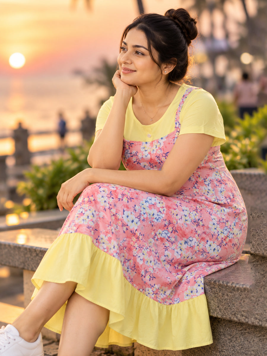 Ziva Maternity & Feeding Dungaree-Style Dress with Concealed Feeding Zips | Soft Coral Pink Floral & Soft Lemon Yellow