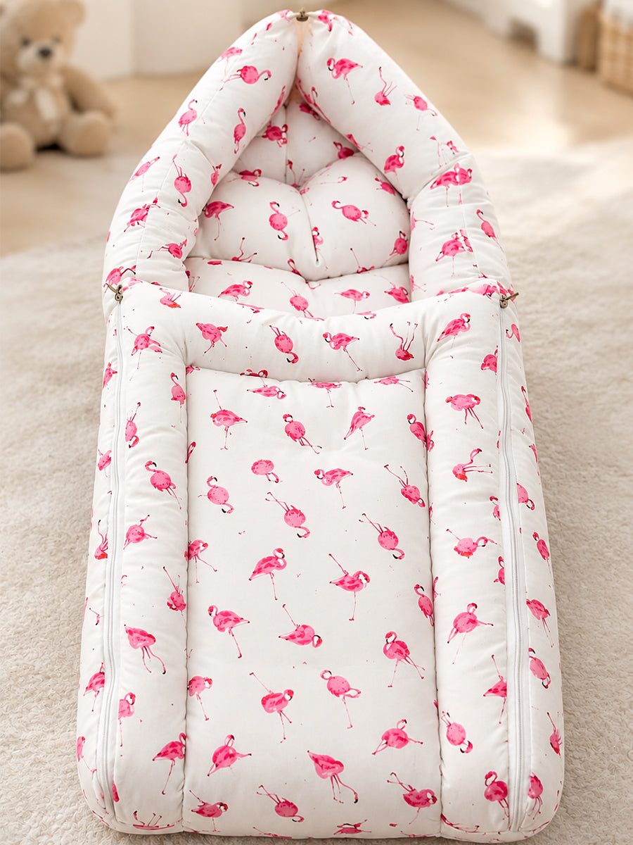 Ziva 3-in-1 Baby Bed –  Carry Nest cum Sleeping Bag (Flamingo Pink Print on White cotton Fabric)