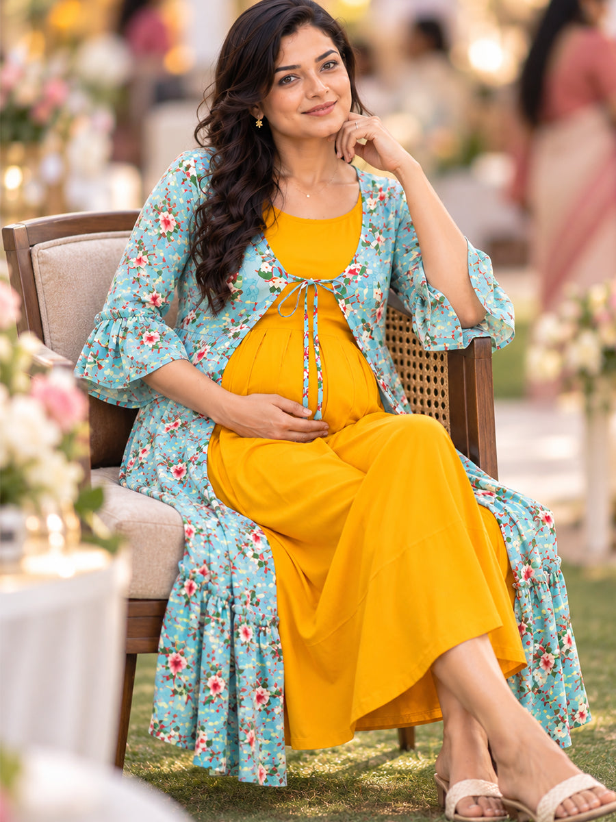 Ziva Premium Rayon Maternity & Feeding Dress with Sleeveless Inner & Floral Tie-Up Long Jacket with side pocket – Dark Orange Yellow & Aqua Blue Floral