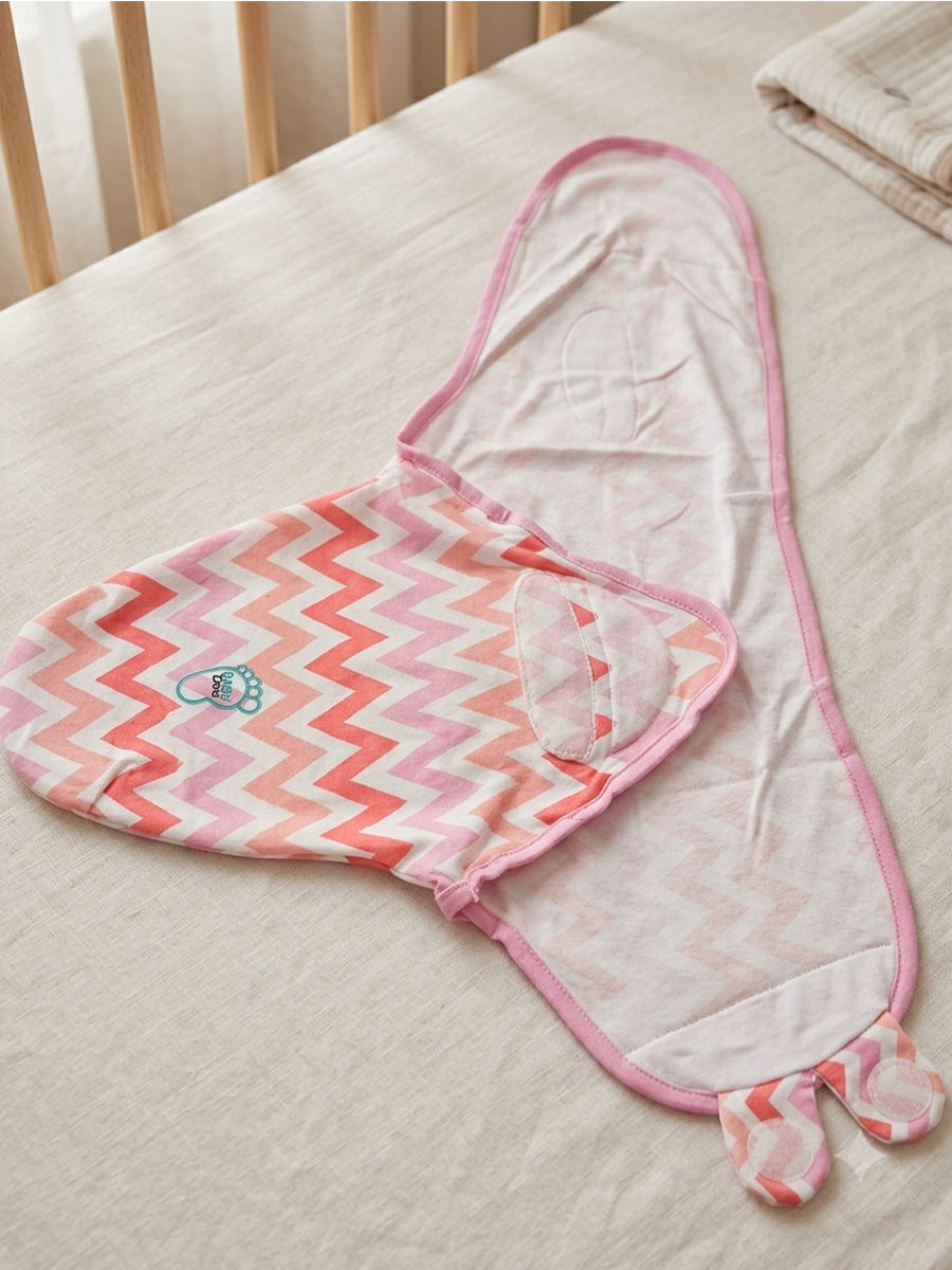 Baby Knitted Cotton Velcro Swaddle – White with Pink, Coral & Peach Zigzag Print | Adjustable Velcro Closure | Ziva Collected | Carefully Selected for Your Little One