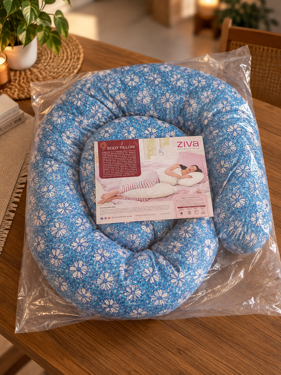 Ziva Multipurpose Pregnancy Pillow / Maternity Pillow / Body Pillow – 9 Shape (C Shape) – Blue Floral Print | 100% Cotton