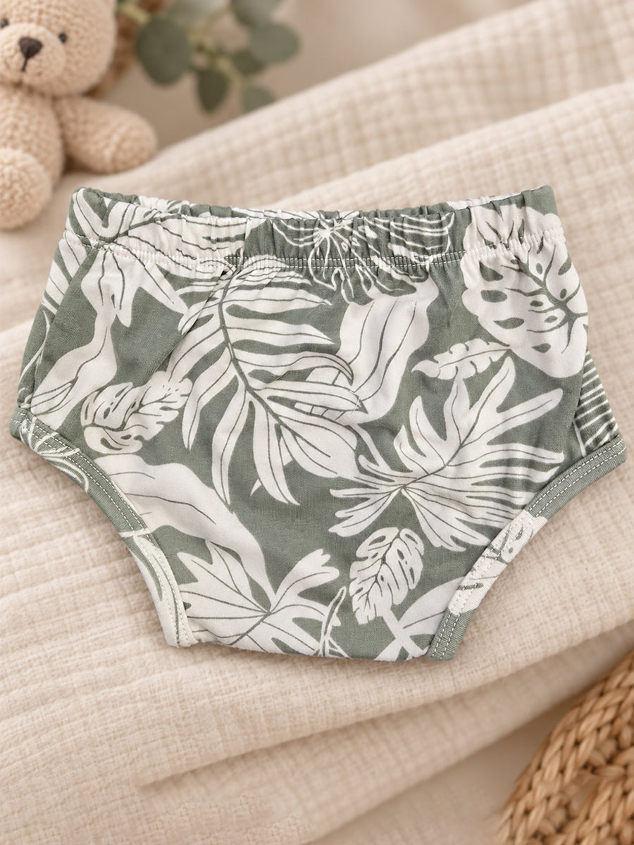 Ziva Baby Girl Strappy Frock with Pantie – Sage Green Tropical Leaf Print | Knitted Cotton
