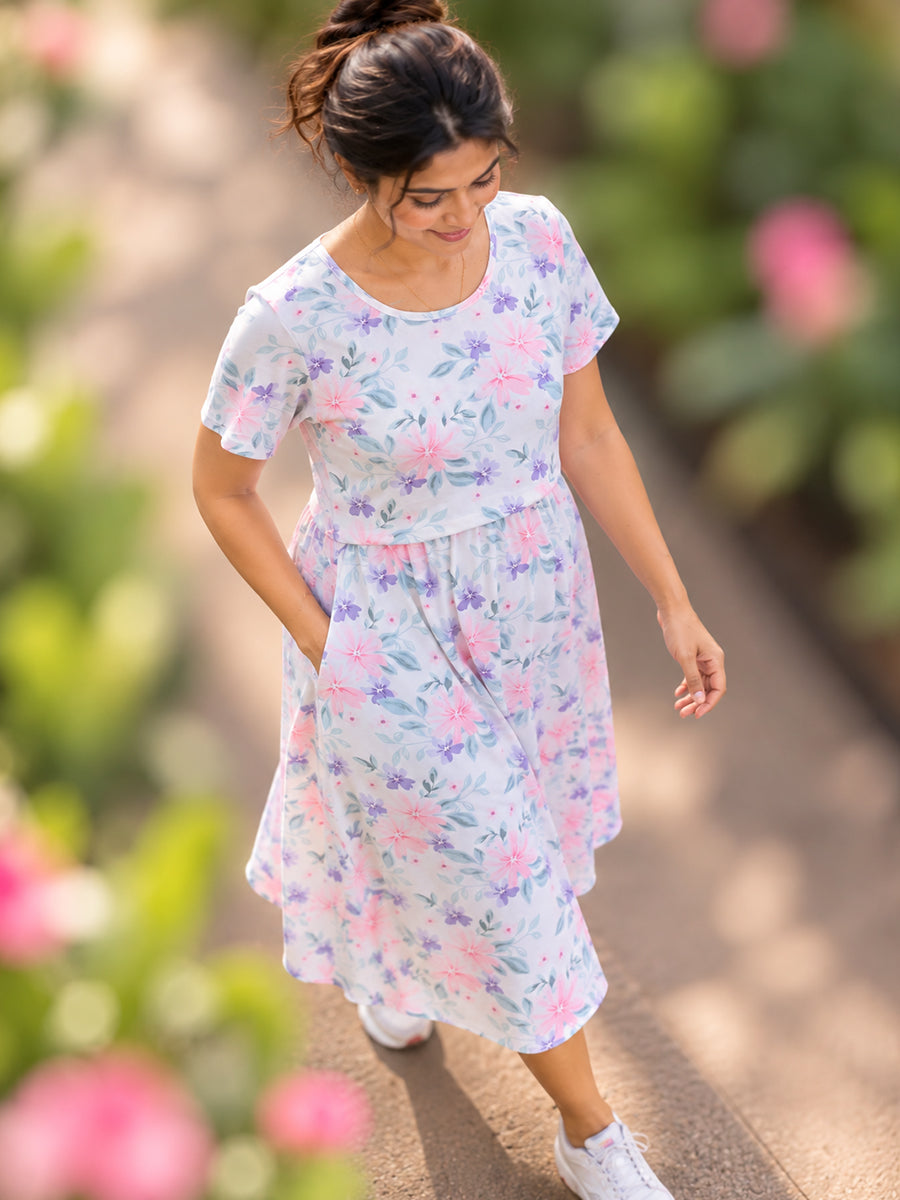 Ziva Zipless Maternity & Feeding Knitted Dress with Adjustable Waist Tie & Side Pocket | Soft Off-White Pink & Lavender Floral Print