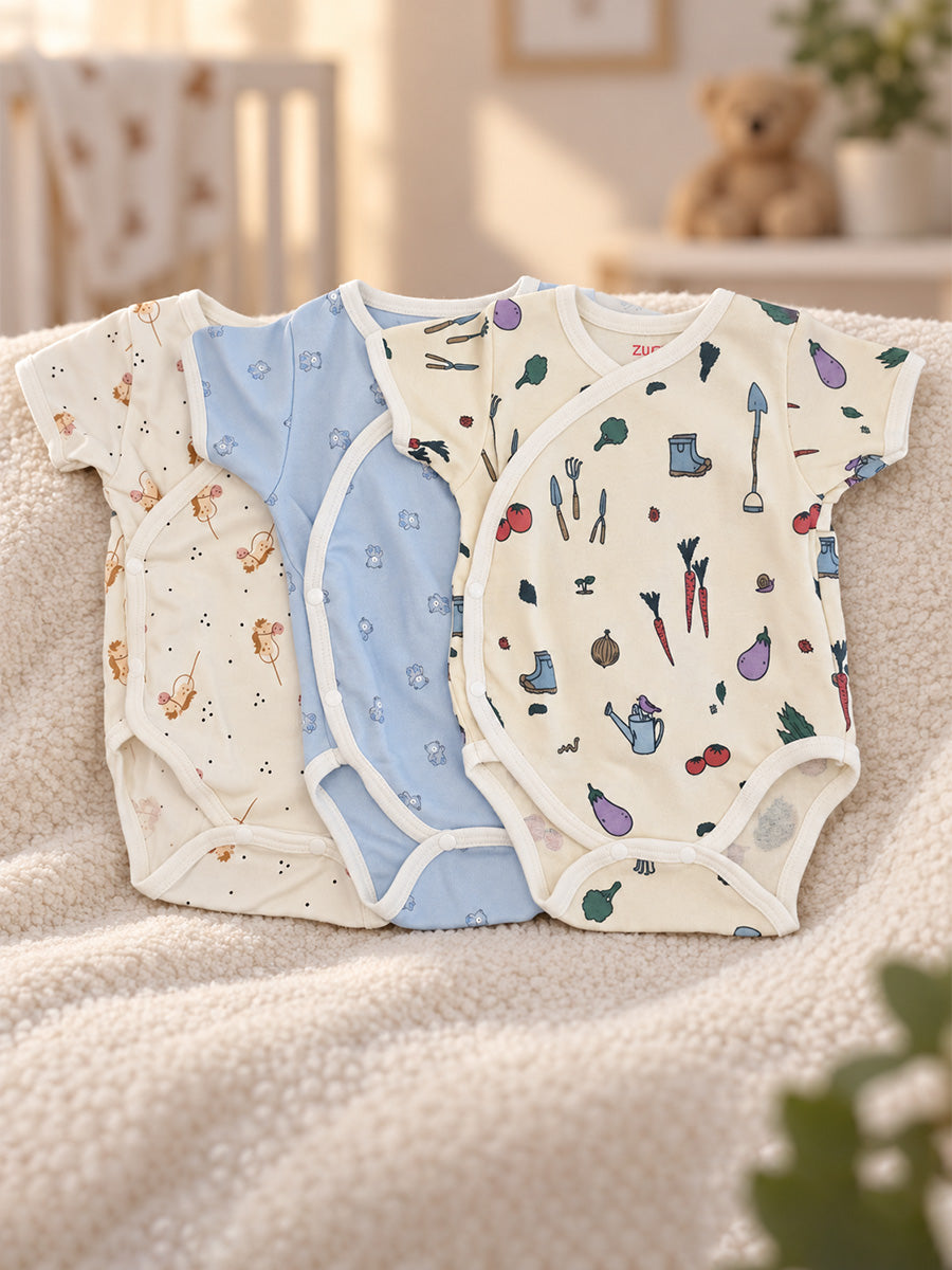 Ziva Baby Premium Knitted Cotton Overlap Romper – Pack of 3 | Baby Blue Teddy Bear, Cream Tiny Mouse & Garden Vegetable Assorted Prints