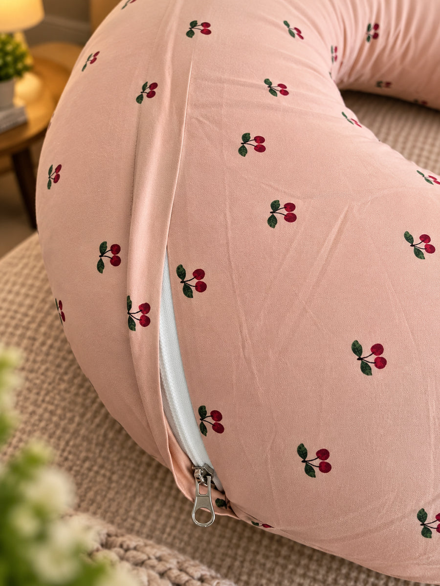 Ziva Multipurpose Feeding Pillow – Premium Organic Cotton | Light Brown with Tiny Cherry Print | Removable & Washable Cover