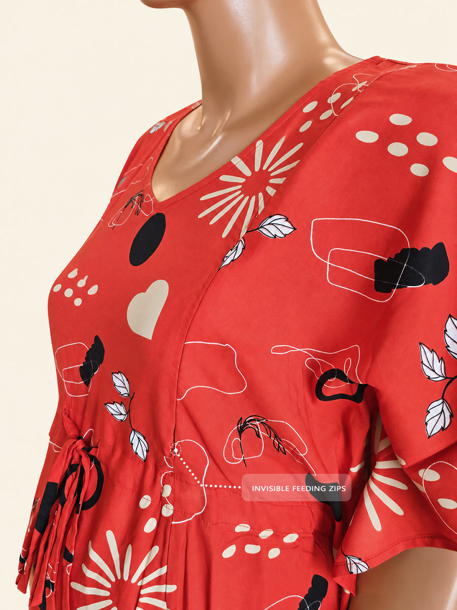 Ziva Maternity & Feeding Rayon Kaftan – Concealed Feeding Zips & Waist Adjustable Tie | Coral Red Abstract Botanical Print