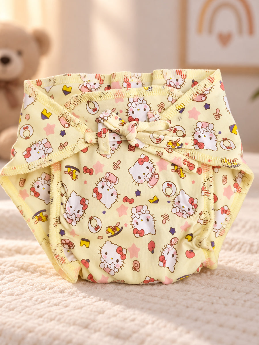Ziva Newborn Knitted Cotton Front Open Tie Jabla with Light Padded Tie Nappy – Butter Yellow Kitty Print | 1 Jabla + 1 Nappy