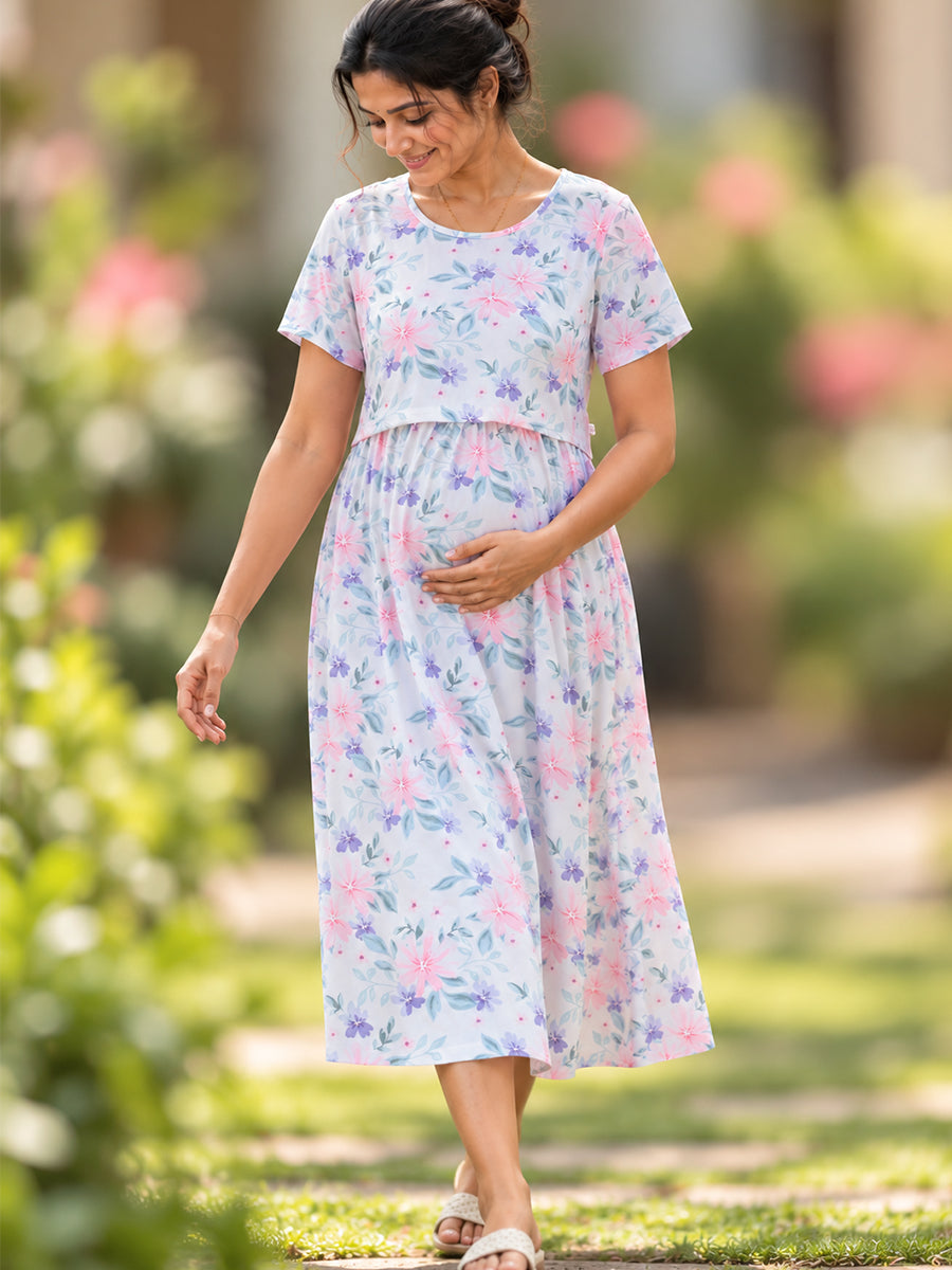 Ziva Zipless Maternity & Feeding Knitted Dress with Adjustable Waist Tie & Side Pocket | Soft Off-White Pink & Lavender Floral Print