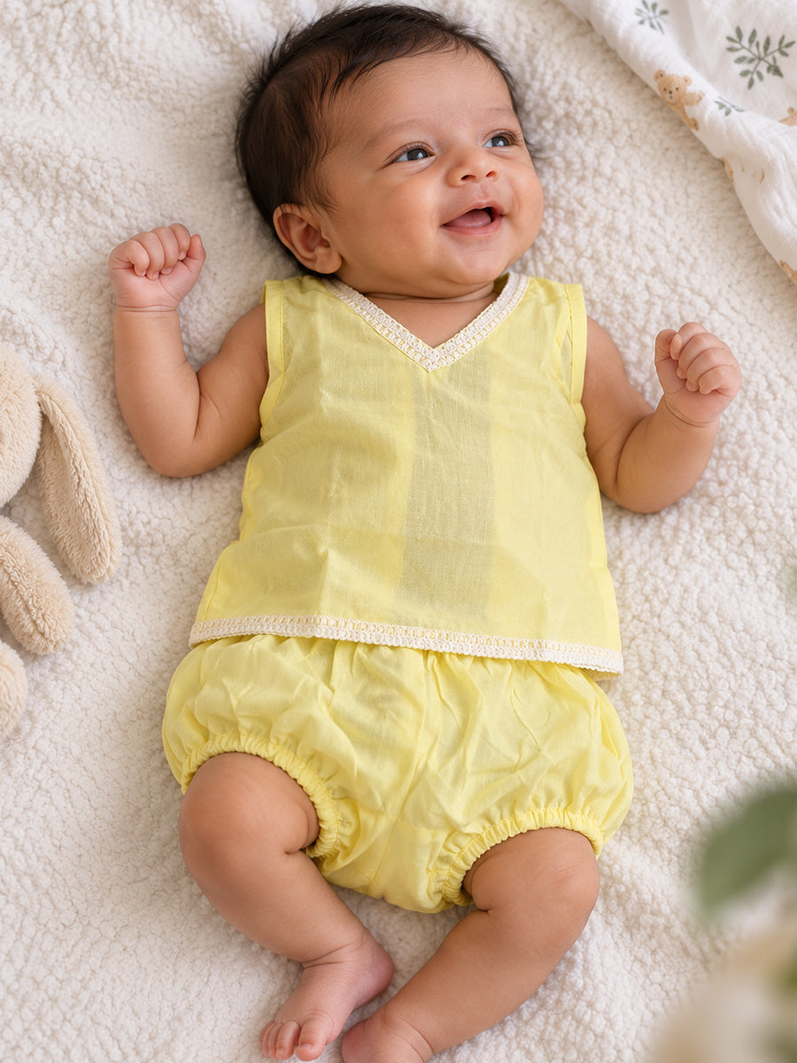 Ziva Baby Cotton V-Neck Top & Bloomer Set – Soft Yellow | Back Tie | 1 Top + 1 Bloomer