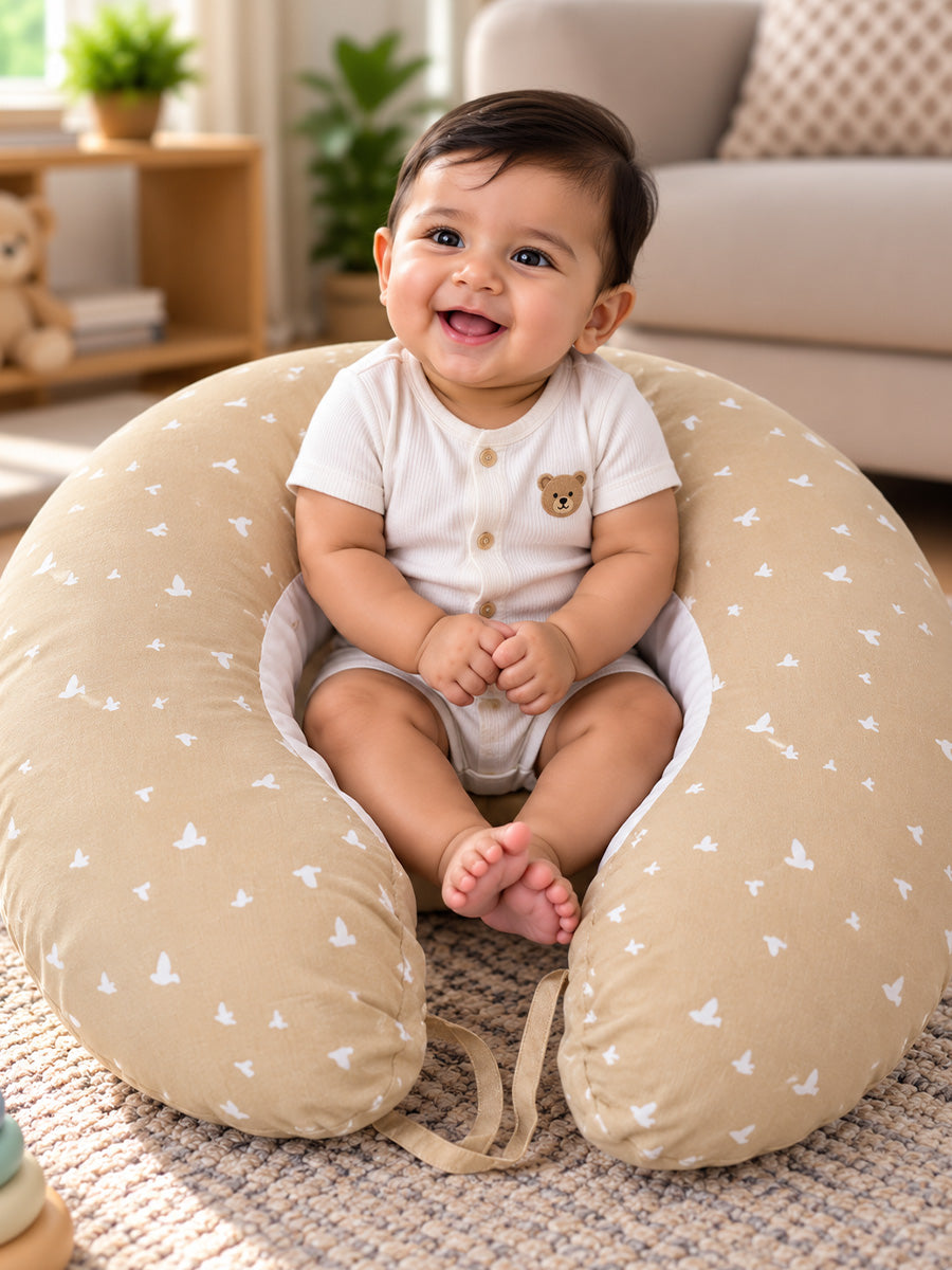Ziva Multipurpose Feeding Pillow – Warm Beige & White with Reversible Bird Print | 100% Cotton Cover | Removable & Washable