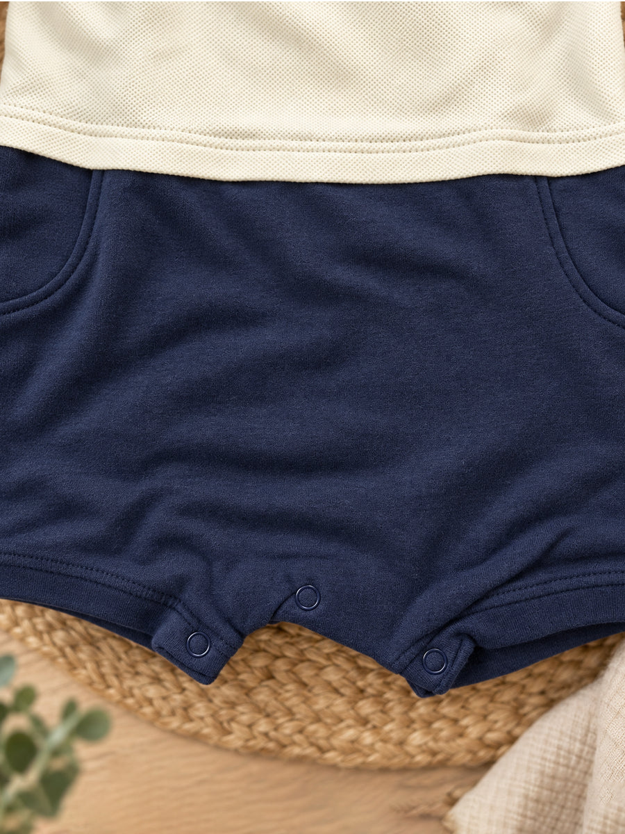 Baby Boy Knitted Cotton Polo Style Jumpsuit – Off-White & Navy Blue | Ziva Collected | Carefully Selected for Your Little One