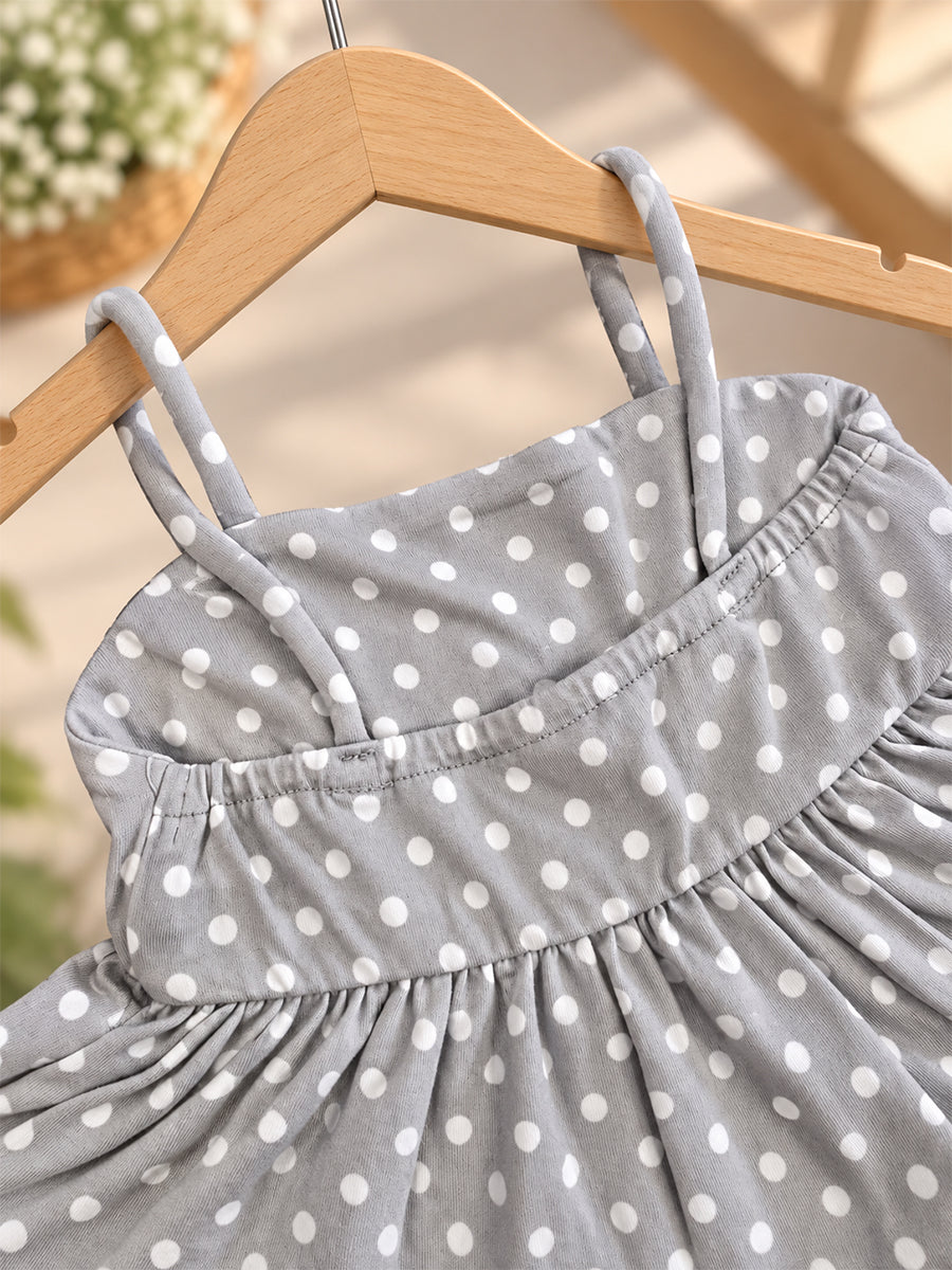 Ziva Baby Girl Strappy Frock with Pantie – Soft Grey White Polka Dot Print | Premium Knitted Cotton | Two-Tier Frill & Front Buttons | 2-Piece Set