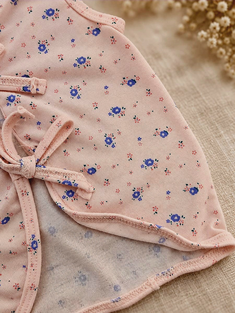 Ziva Newborn Knitted Cotton Front Open Tie Jabla with Tie Nappy – Blush Pink Tiny Floral Print | 1 Jabla + 1 Nappy