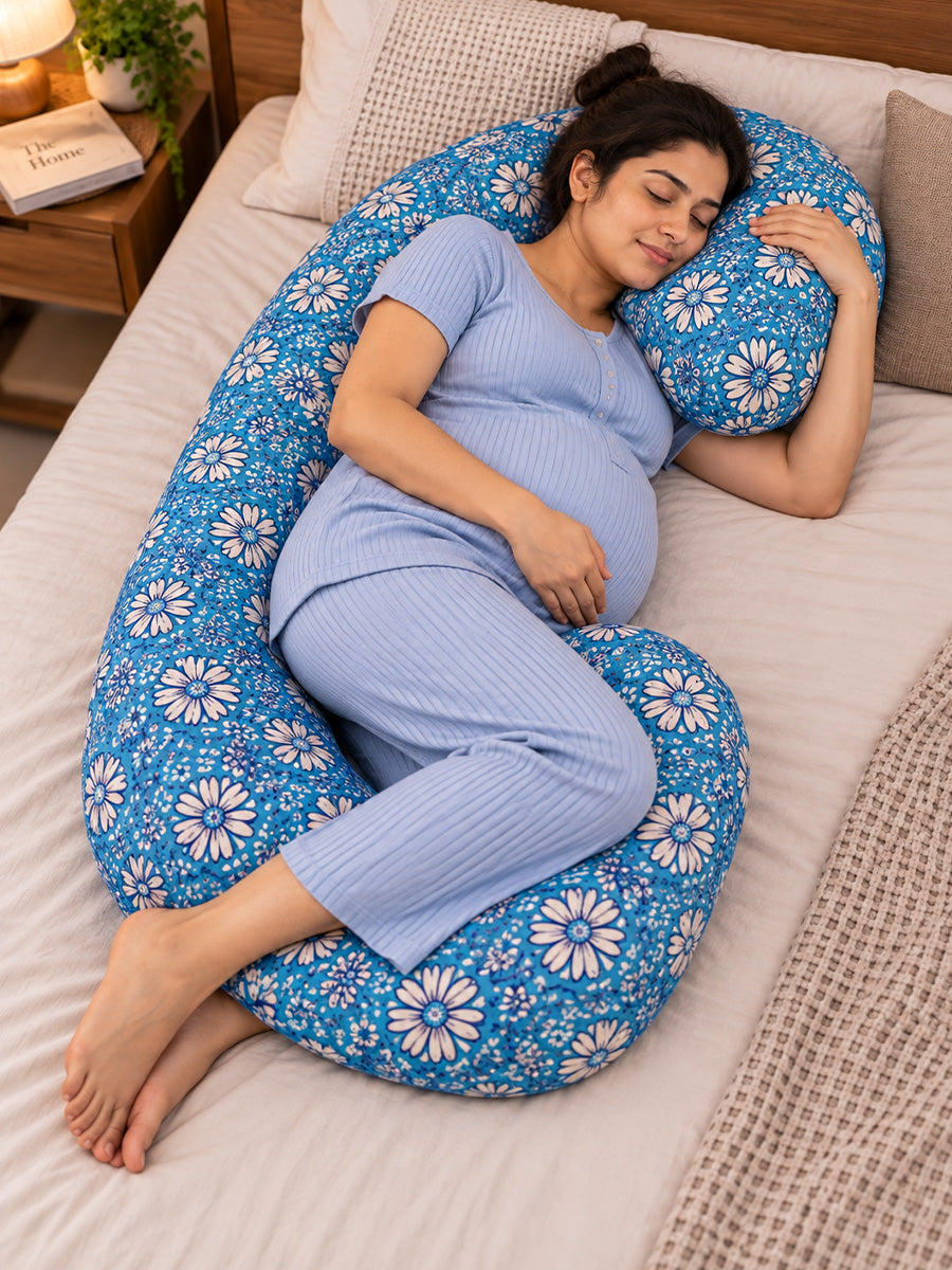 Ziva Multipurpose Pregnancy Pillow / Maternity Pillow / Body Pillow – 9 Shape (C Shape) – Blue Floral Print | 100% Cotton