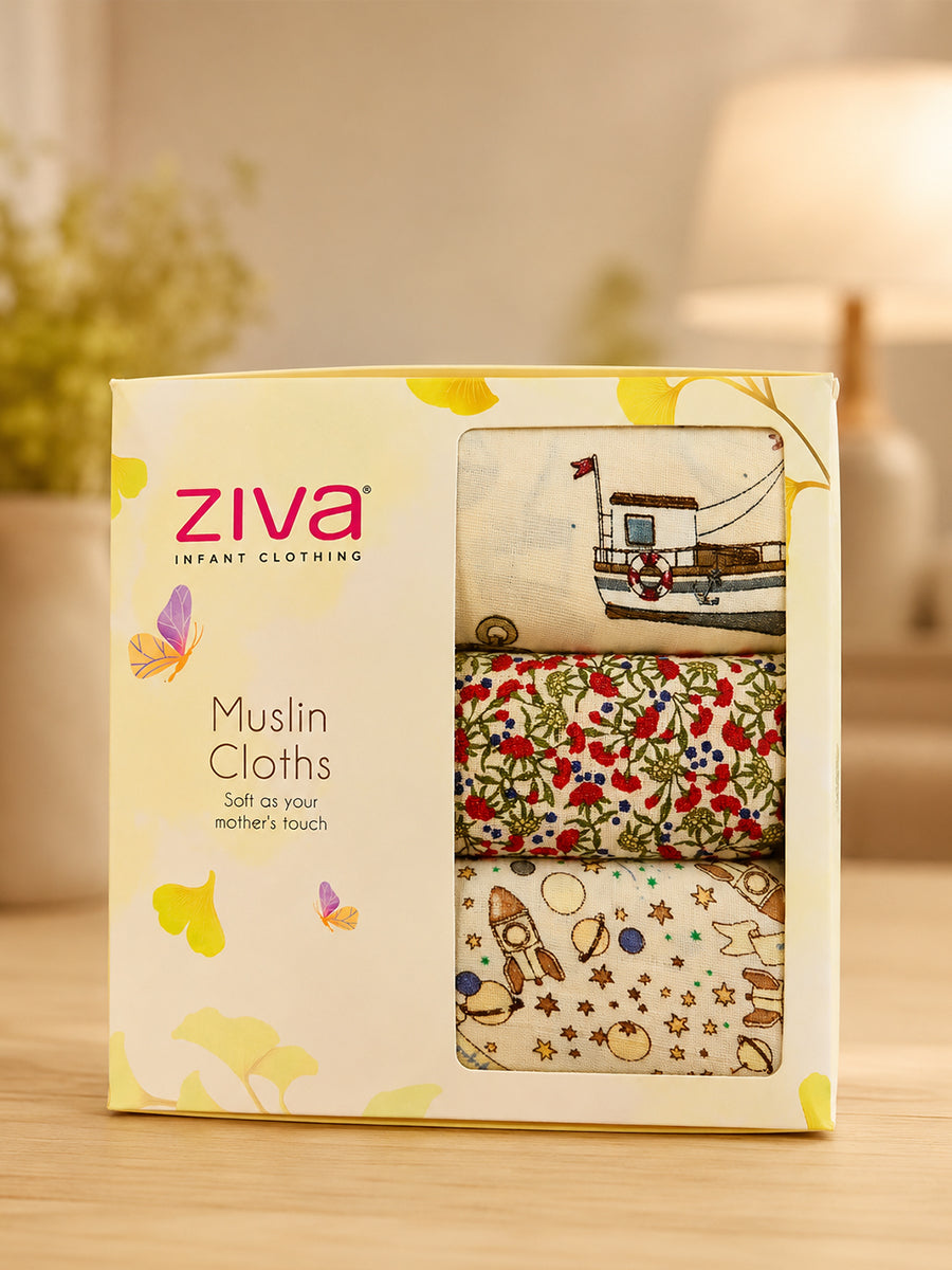 Ziva Premium Cotton Muslin Cloth – 3 Pieces | 100 × 100 cm Extra Large | Soft, Breathable & Multipurpose | Assorted Prints | Print Included: Wildflower Meadow Print