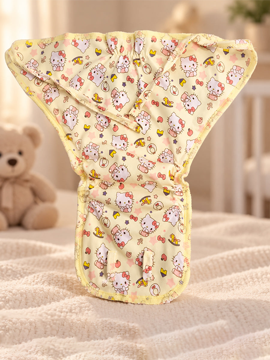 Ziva Newborn Knitted Cotton Front Open Tie Jabla with Light Padded Tie Nappy – Butter Yellow Kitty Print | 1 Jabla + 1 Nappy