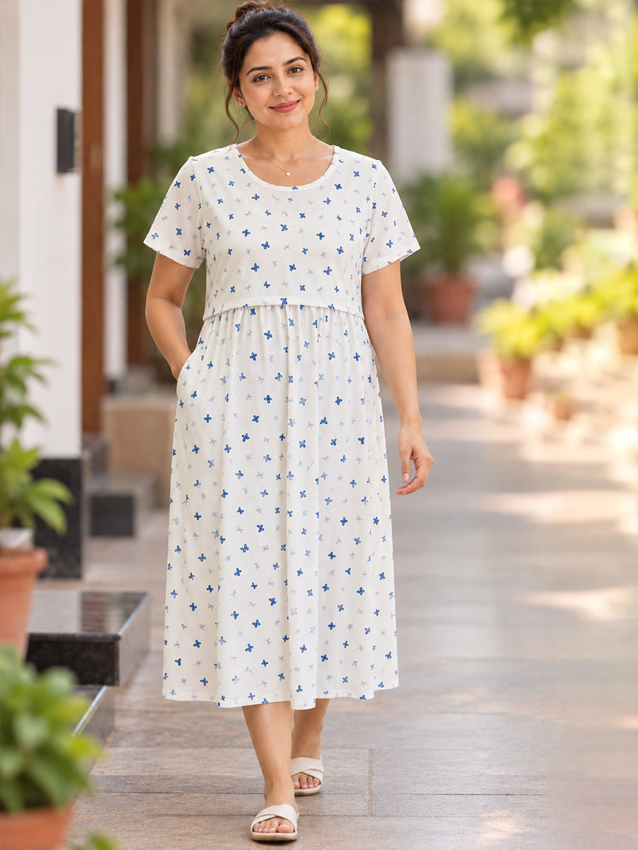 Ziva Zipless Maternity & Feeding Knitted Dress with Adjustable Waist Tie & Side Pocket | Off-White Blue Butterfly & Bow Print