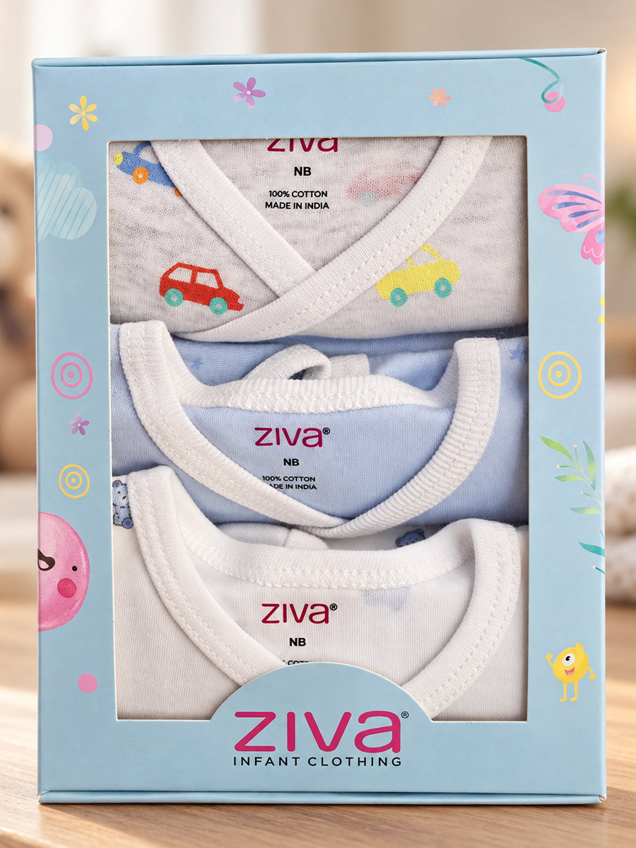 Ziva Baby Premium Knitted Cotton Overlap Romper – Pack of 3 | Grey Multicolour Car, Baby Blue Tiny Star & White Teddy Bear Assorted Prints | Newborn