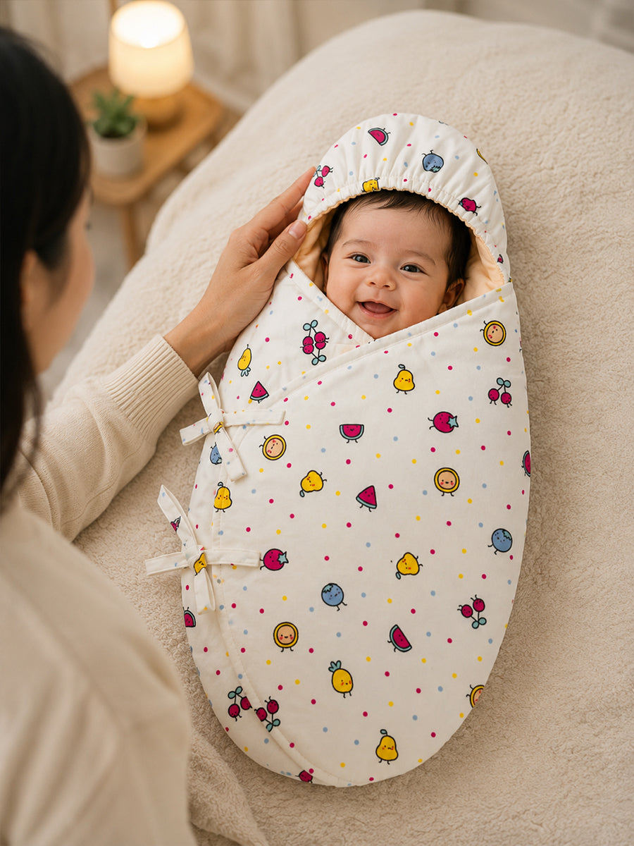 Ziva Cotton Baby Egg Wrap with Hood | Adjustable Side Tie | Double Shade | Soft Cream with Butter Cream | Hooded Baby Wrapper