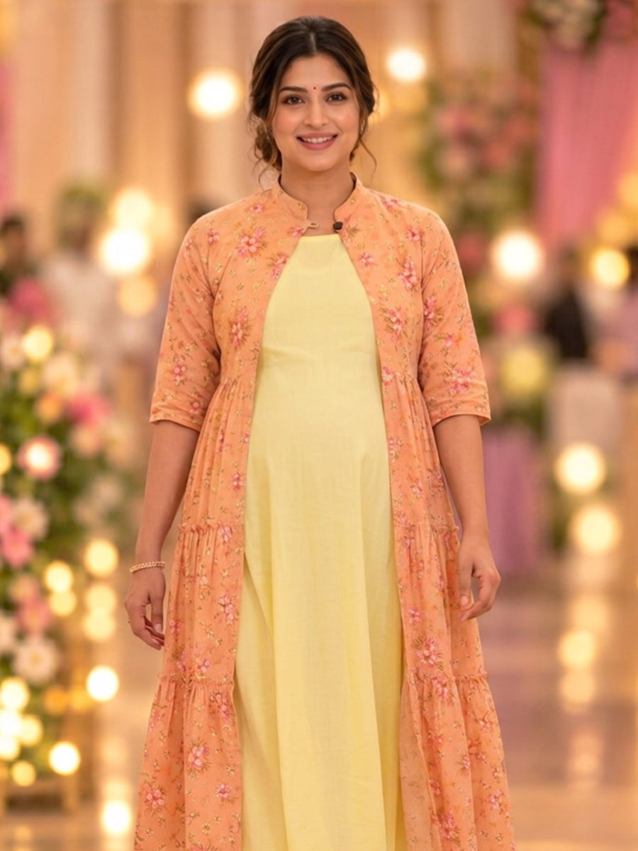 Ziva Maternity & Feeding Sleeveless Dress with Versatile Floral Tiered Jacket – 3 Ways to Wear | Soft Lemon Yellow & Vibrant Peach Floral