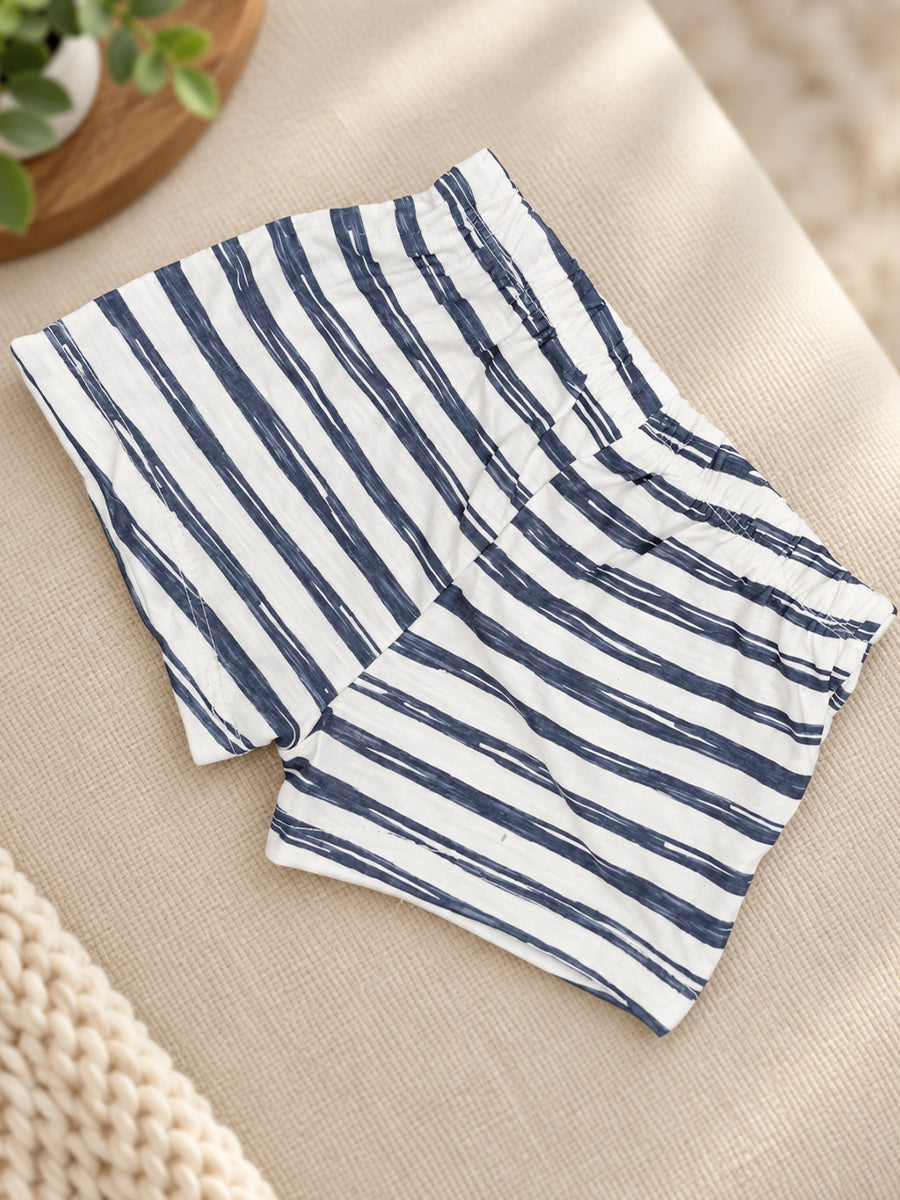 Ziva Baby Premium Knitted Cotton Shorts Combo – Pack of 2 | Navy Stripe & Multicolour Stripe