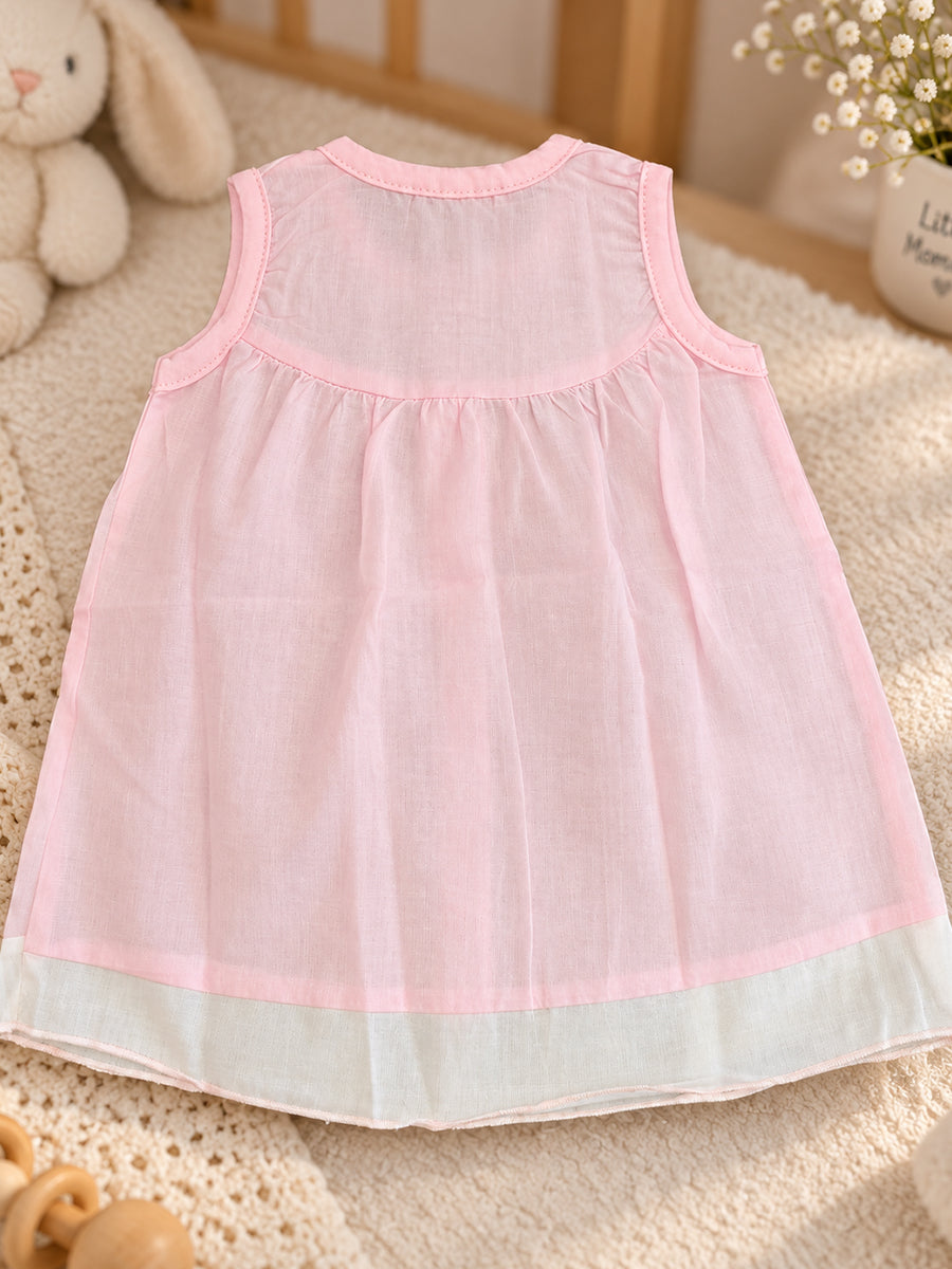Baby Cotton Front Open Frock – Baby Pink & White | Floral Embroidered Yoke | Ziva Collected | Carefully Selected for Your Little One