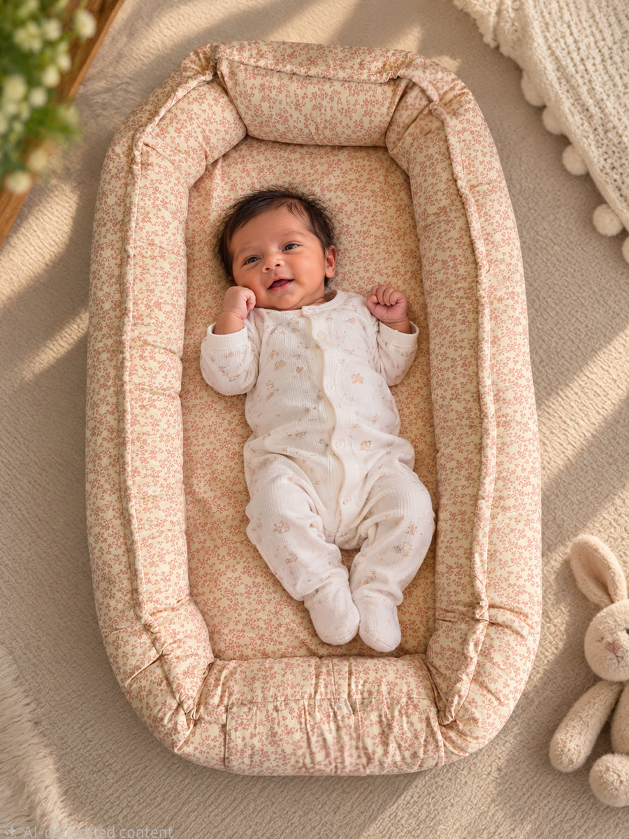 Premium Organic Cotton Baby Nest – Newborn Baby Lounger & Baby Bed | Peach Floral Vine Print |Ziva Collected | Carefully Selected for Your Little One