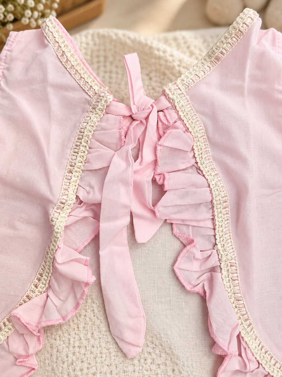 Ziva Baby Girl Cotton Ruffle Top & Bloomer Set – Soft Baby Pink | Cream Lace Detail | 1 Top + 1 Bloomer