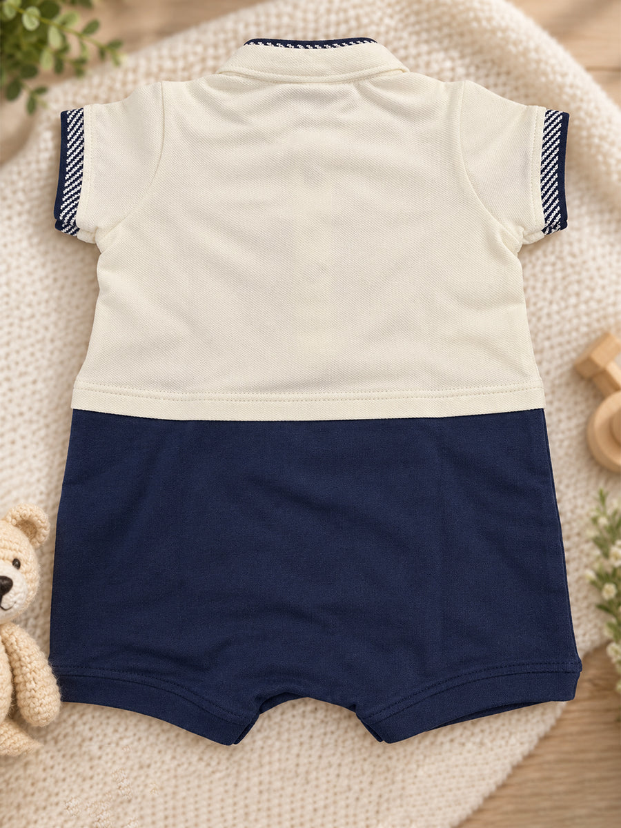 Baby Boy Knitted Cotton Polo Style Jumpsuit – Off-White & Navy Blue | Ziva Collected | Carefully Selected for Your Little One