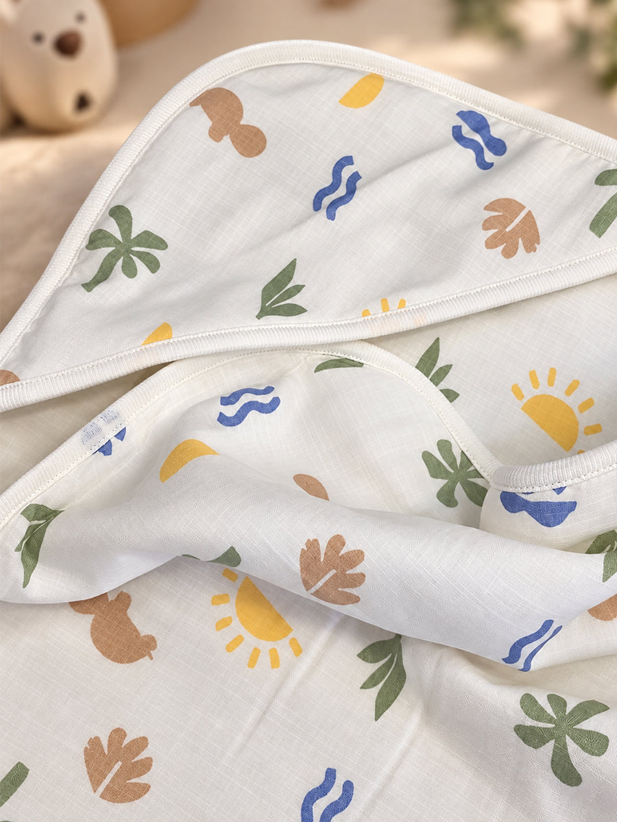 Ziva Premium Muslin Hooded Towel – Double Layer Muslin with Soft Fleece Core | Tropical Nature Print
