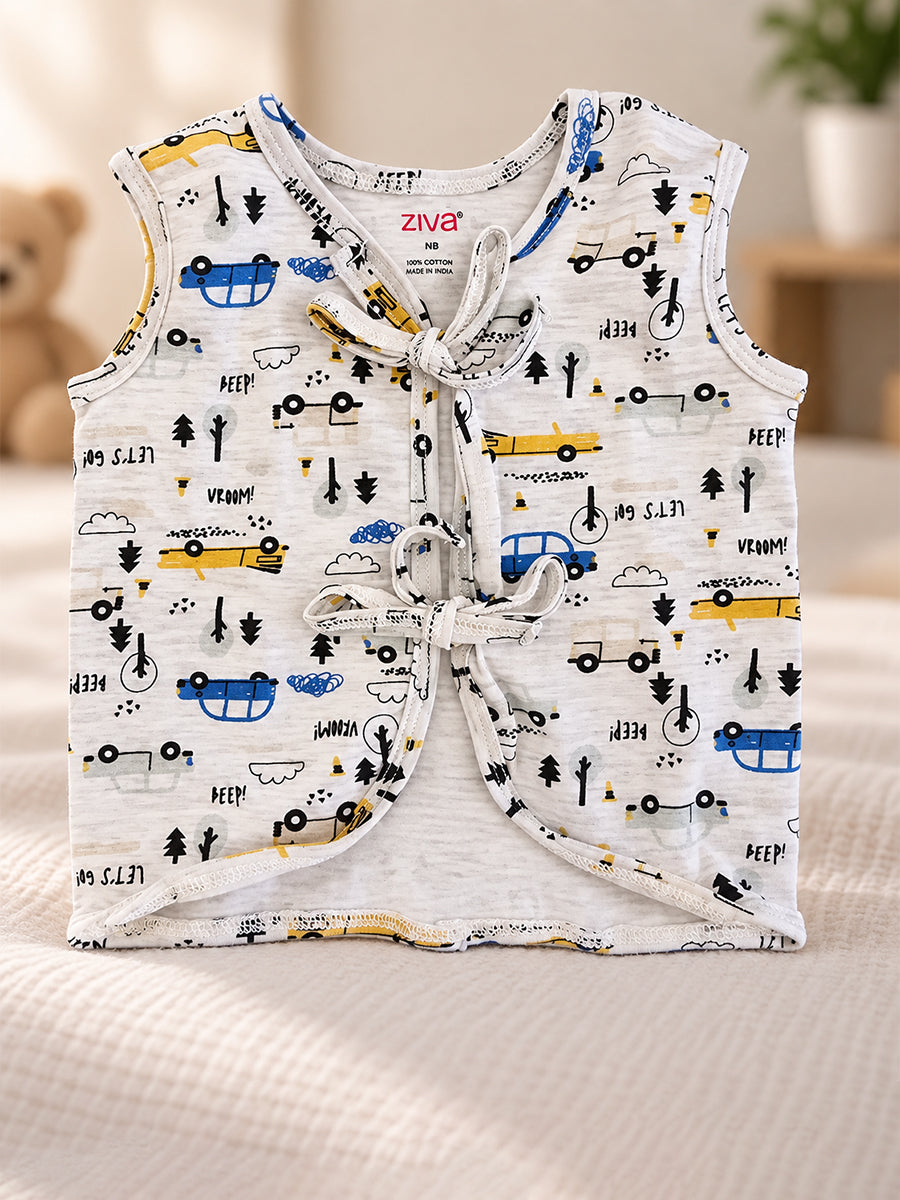 Ziva Newborn Knitted Cotton Front Open Tie Jabla with Light Padded Tie Nappy – Road Trip Vehicle Print | 1 Jabla + 1 Nappy
