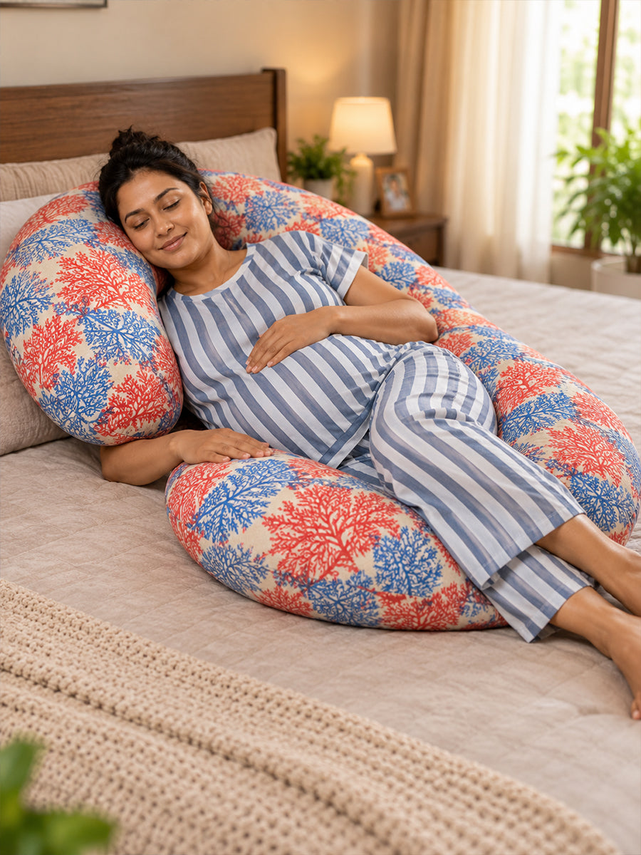 Ziva Multipurpose Pregnancy Pillow / Maternity Pillow / Body Pillow – 9 Shape (C Shape) – Red & Blue Botanical Print | 100% Cotton