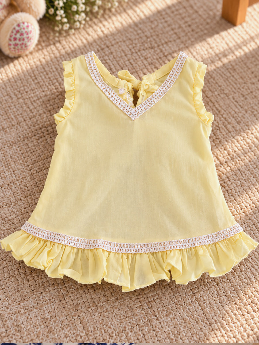 Ziva Baby Girl Cotton Ruffle Top & Bloomer Set – Soft Yellow | Cream Lace Detail | 1 Top + 1 Bloomer