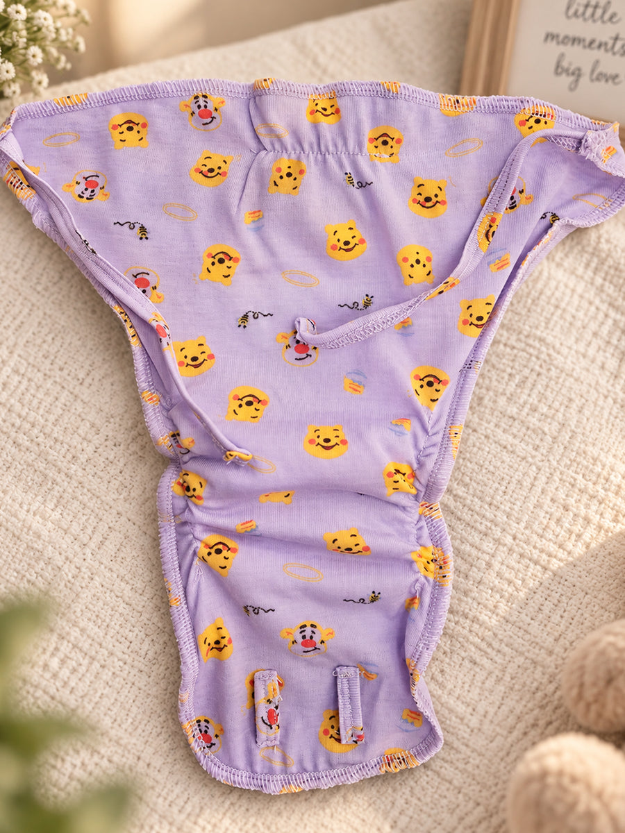 Ziva Newborn Knitted Cotton Front Open Tie Jabla with Light Padded Tie Nappy – Light Lilac Bear Print | 1 Jabla + 1 Nappy