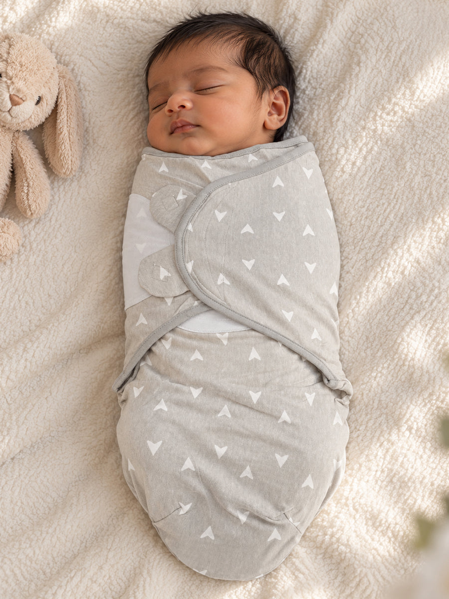 Baby Knitted Cotton Velcro Swaddle – Light Grey with White Mini Triangle Print | Adjustable Velcro Closure | Ziva Collected | Carefully Selected for Your Little One