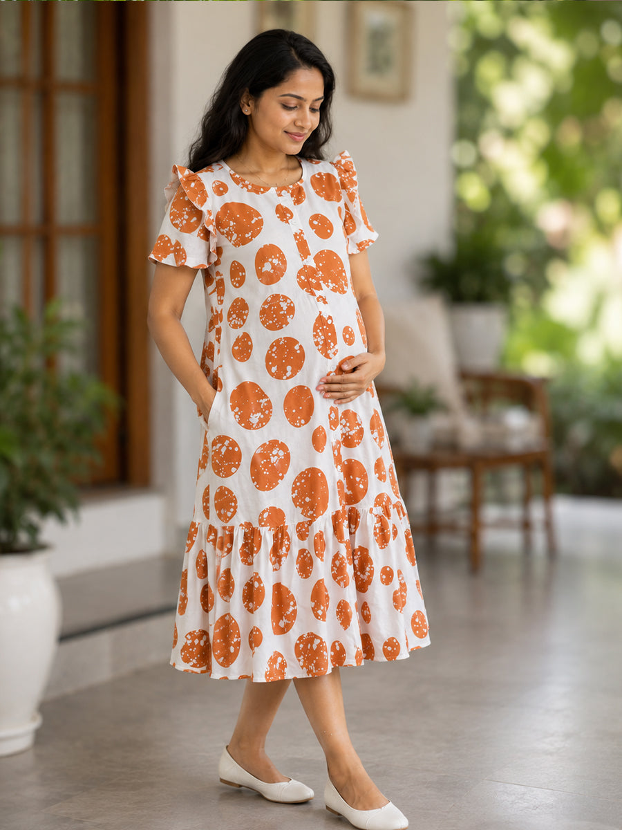 Ziva Maternity & Feeding Cotton Full-Open Short Nighty with Side Pocket – Orange & Off White Irregular Spot Print