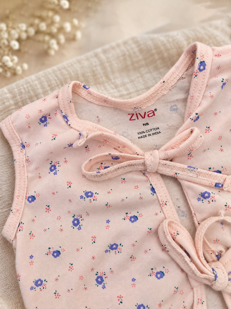 Ziva Newborn Knitted Cotton Front Open Tie Jabla with Tie Nappy – Blush Pink Tiny Floral Print | 1 Jabla + 1 Nappy