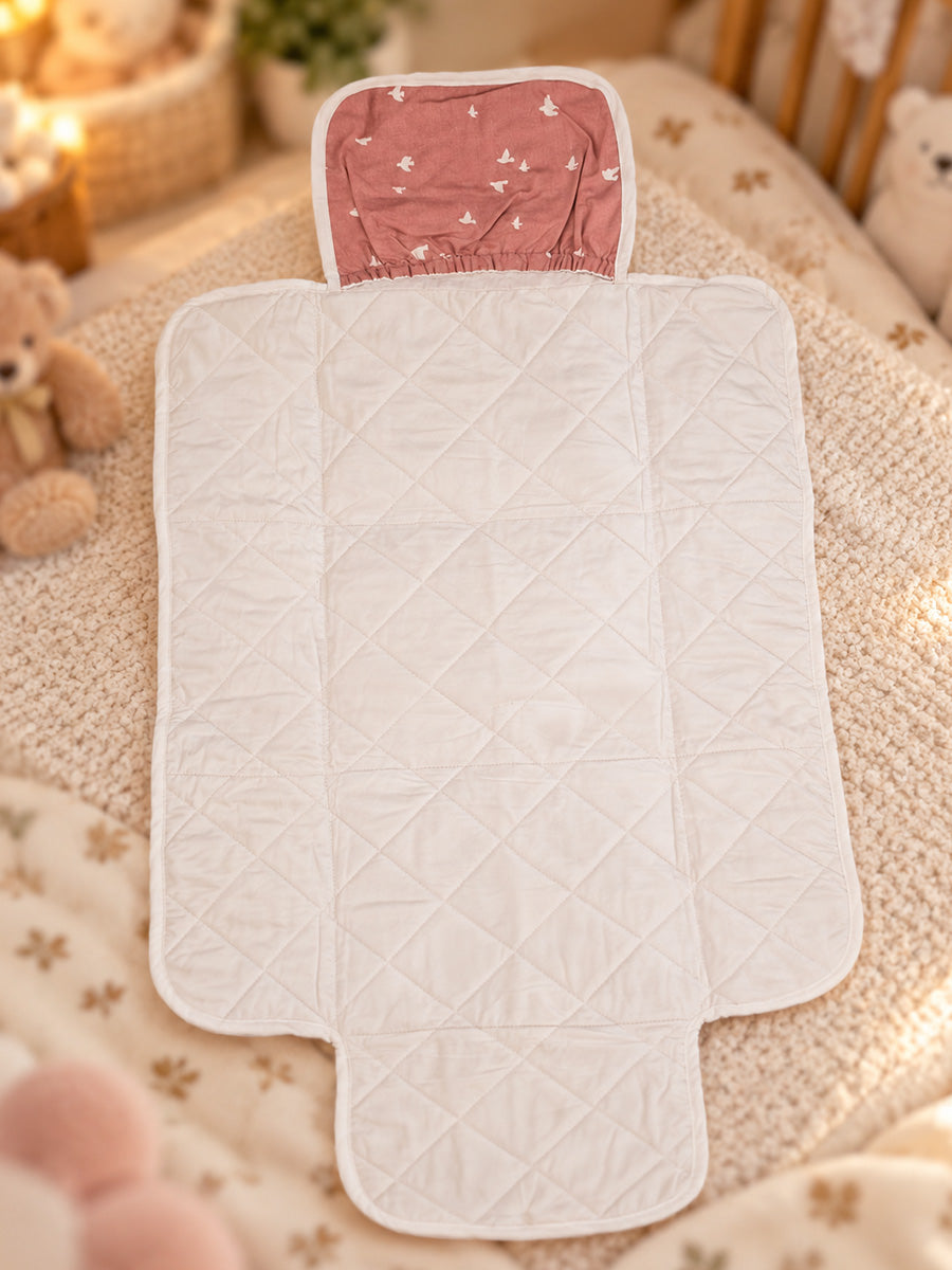 Ziva Baby Nappy & Diaper Changing Sheet – Foldable Travel Changing Mat with Storage Pocket | Peach Pink Little Bird Print