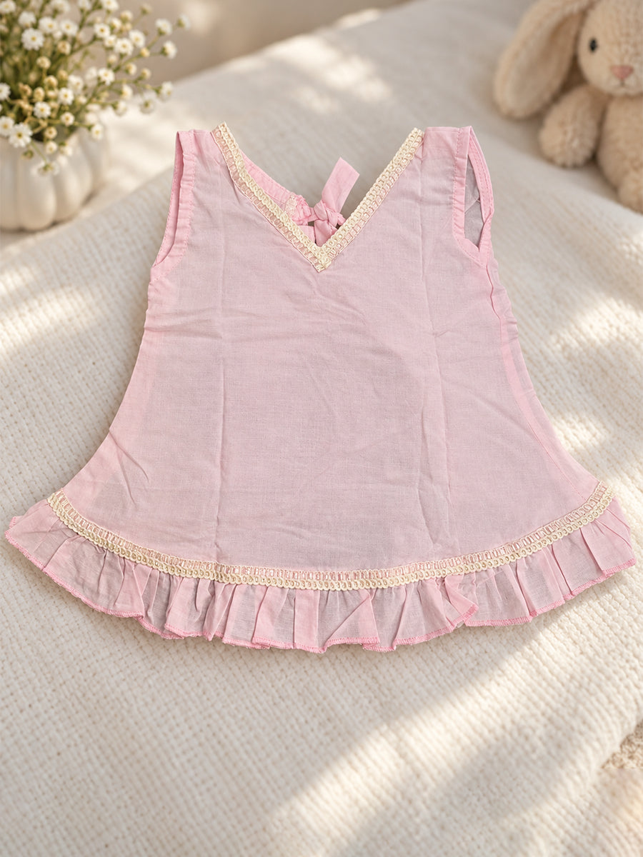 Ziva Baby Girl Cotton Ruffle Top & Bloomer Set – Soft Baby Pink | Cream Lace Detail | 1 Top + 1 Bloomer