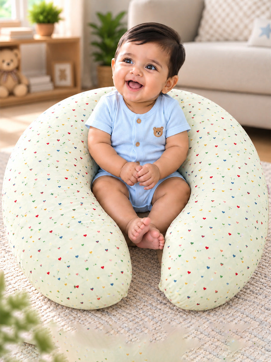 Ziva Multipurpose Feeding Pillow – Premium Organic Cotton | Soft Cream with Multicolour Tiny Heart Print | Removable & Washable Cover