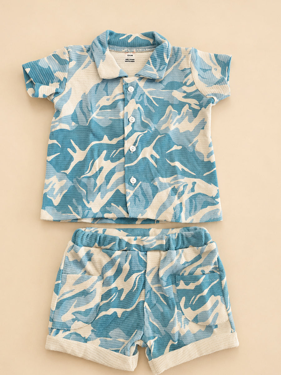 Ziva Premium Waffle Knitted Cotton Baby Co-Ord Set – Collar Neck Shirt & Elastic Waist Shorts | Aqua Blue & Off White | Abstract Camouflage Print