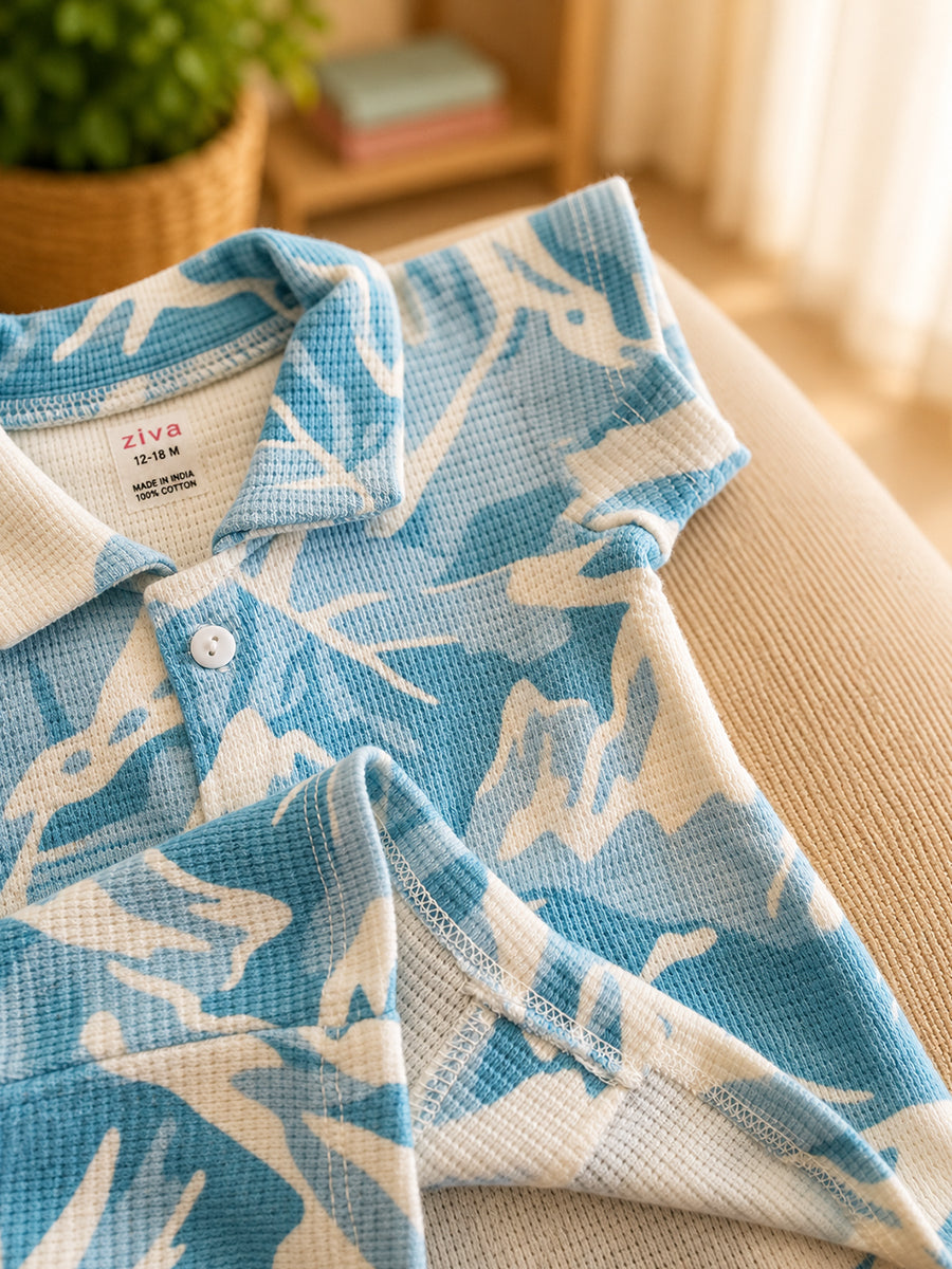 Ziva Premium Waffle Knitted Cotton Baby Co-Ord Set – Collar Neck Shirt & Elastic Waist Shorts | Aqua Blue & Off White | Abstract Camouflage Print