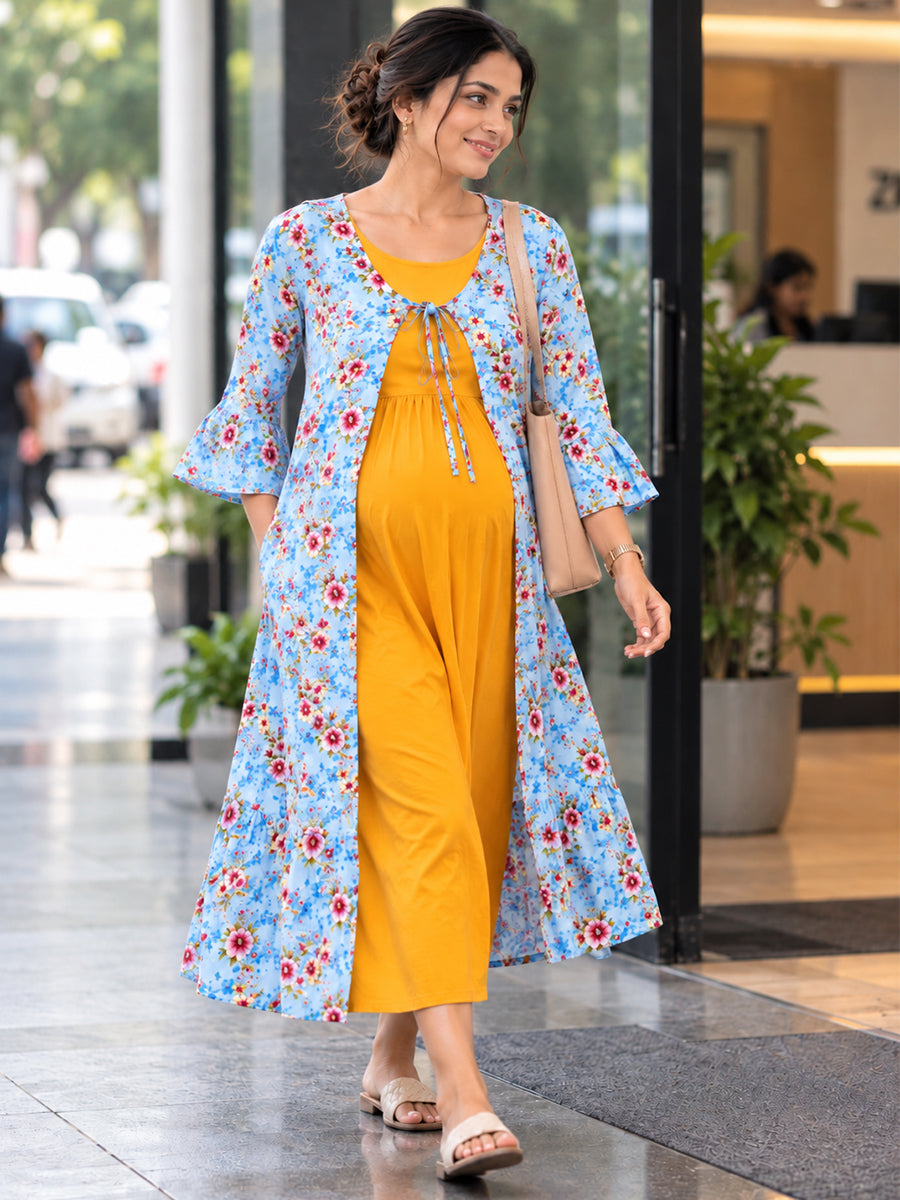 Ziva Premium Rayon Maternity & Feeding Dress with Sleeveless Inner & Floral Tie-Up Long Jacket with side pocket – Dark Orange Yellow & Light Aqua Blue Floral
